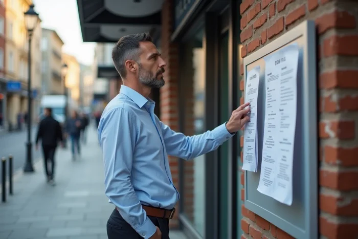 Homme consultant un tableau d'offres d'emploi devant une agence de recrutement en ville