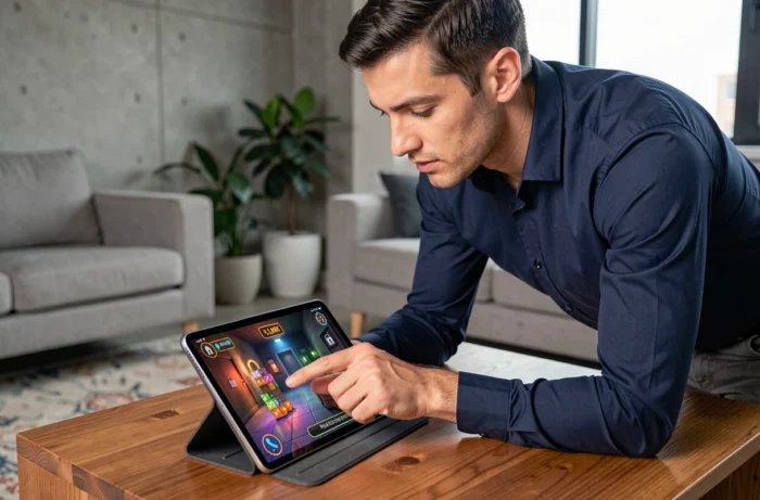 Homme jouant à Rooms and Exits sur tablette dans un salon moderne pour trouver des solutions