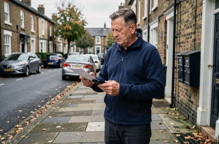 Homme vérifiant une liste d'habitants dans une rue résidentielle avec son smartphone et un document imprimé