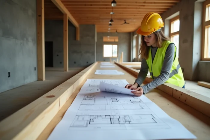 Ingénieure en structure consultant des plans sur une poutre bois de grande portée dans un chantier de construction
