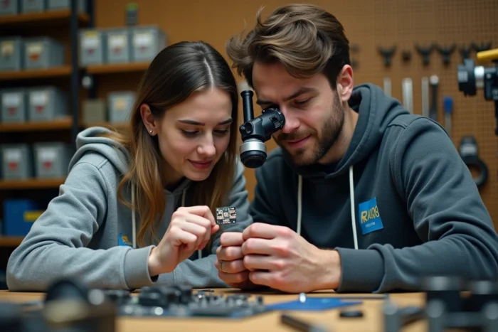 Deux ingénieurs examinant un micro-capteur dans un atelier de prototypage hardware tech