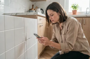 Voyageuse Airbnb inspectant un dommage sur le carrelage de cuisine avant de quitter le logement
