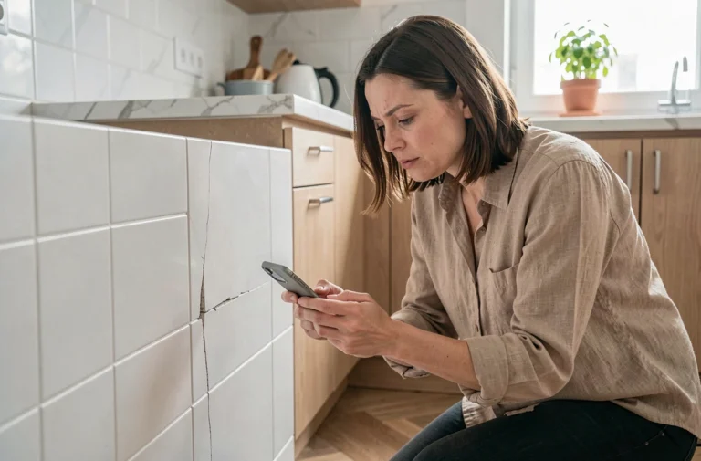 Voyageuse Airbnb inspectant un dommage sur le carrelage de cuisine avant de quitter le logement