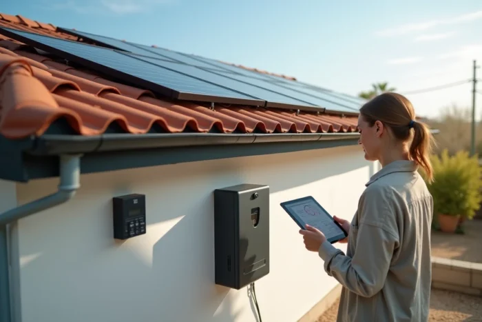 Femme consultant les données de production d'un système solaire 3000W avec stockage batterie extérieur sur maison résidentielle