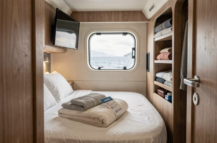Intérieur organisé d'une cabine standard de Corsica Ferries avec détails de rangement et hublot
