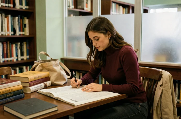 Jeune femme consultant un registre électoral imprimé en bibliothèque pour identifier les habitants d'une rue