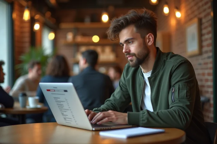 Jeune homme dans un café recherchant des solutions pour accéder à un site de streaming indisponible