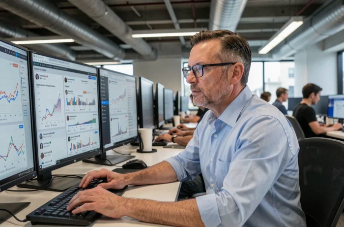 Journaliste masculin analysant la viralité d'un nom énigmatique sur des écrans de monitoring dans une salle de rédaction moderne