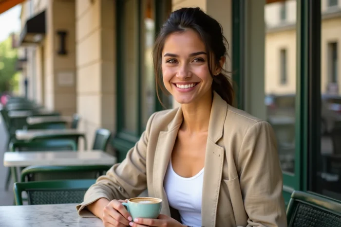 Jeune femme souriante dans un café parisien, évoquant une nouvelle romance épanouie en 2025