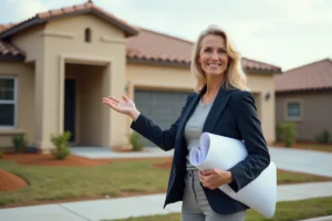Directrice d'une entreprise de construction de maisons individuelles devant un pavillon neuf en France