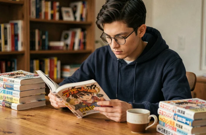 Jeune homme lisant un volume de manga One Piece en français à son bureau, entouré de livres