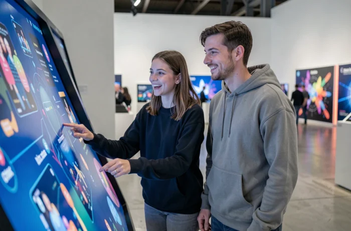 Deux amis découvrant une installation numérique interactive dans un centre culturel moderne lors d'une exposition de loisirs innovants