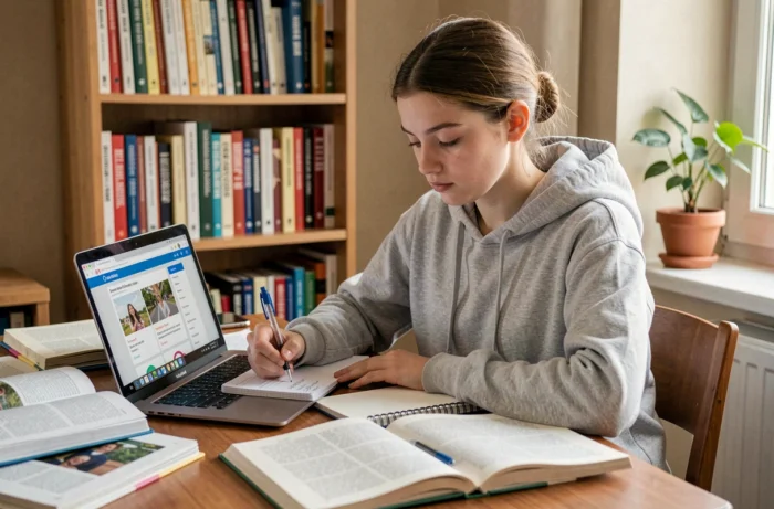 Lycéenne en terminale étudiant en ligne depuis chez elle avec des manuels et un ordinateur portable pour suivre des cours CNED