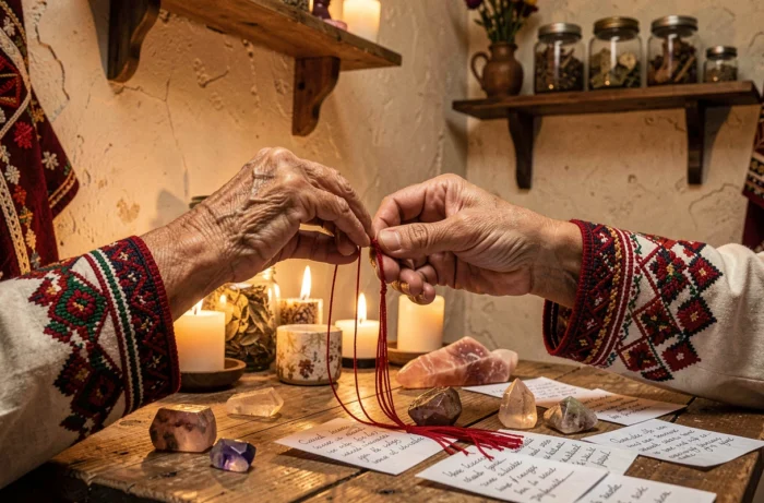 Mains d'une femme âgée nouant le septième nœud d'un bracelet fil rouge sur un autel orné de cristaux et de bougies lors d'un rituel ancestral