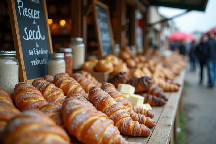Étal de marché breton avec spécialités artisanales : fleur de sel, kouign-amann, beurre salé et far breton