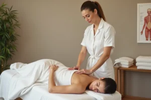 Masseuse professionnelle appliquant un massage thérapeutique sur le dos d'un client correctement drapé dans un cabinet de bien-être