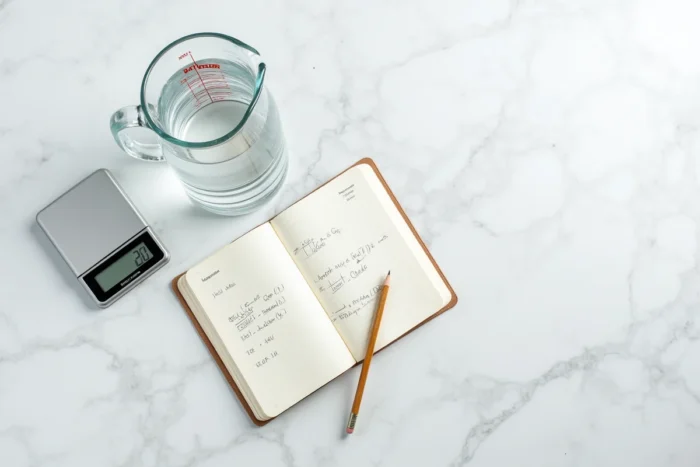 Vue de dessus d'un pichet gradué en litres, une balance numérique et un cahier de conversions sur marbre blanc