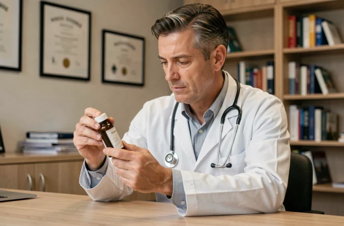 Médecin examinant un complément alimentaire Hepaliv dans son cabinet médical professionnel