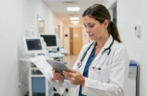 Médecin femme consultant des informations médicales sur une tablette dans un couloir de clinique moderne
