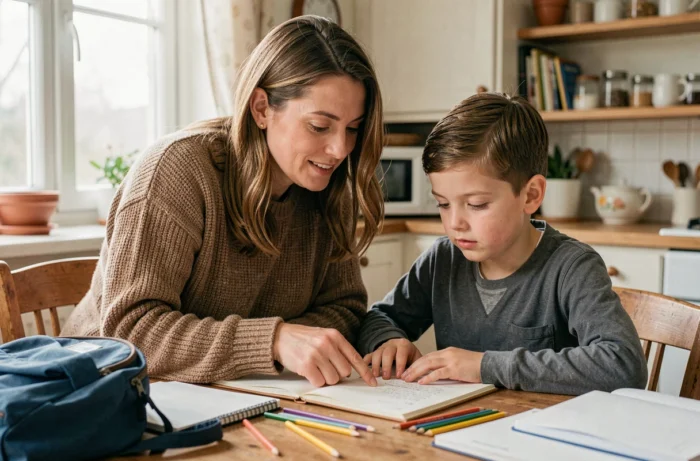 Mère aidant son fils à faire ses devoirs à la table de la cuisine, accompagnement scolaire quotidien