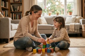 Mère et fille jouant avec des blocs en bois sur le sol du salon familial, illustrant l'éducation bienveillante et le bien-être des enfants