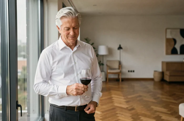 Homme élégant de 70 ans dans un appartement moderne, tenant un verre de vin rouge dans une atmosphère intimiste, illustrant la nouvelle vie amoureuse de Michel Platini