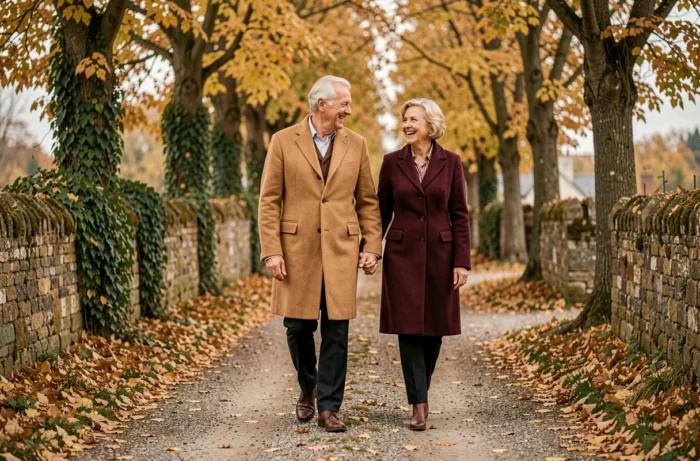 Couple élégant de septuagénaires se promenant dans la campagne française en automne, évoquant la vie amoureuse de Michel Platini à 70 ans