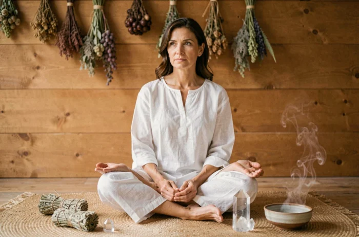 Femme pratiquant une technique de nettoyage énergétique avec de la sauge et des cristaux sur un tapis naturel