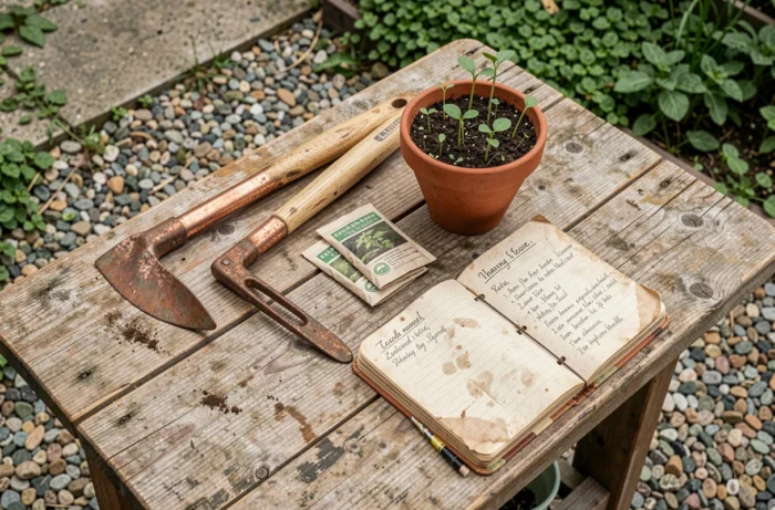 Vue aérienne d'outils de jardinage écologiques en cuivre et bois sur une table en chêne dans un jardin de permaculture