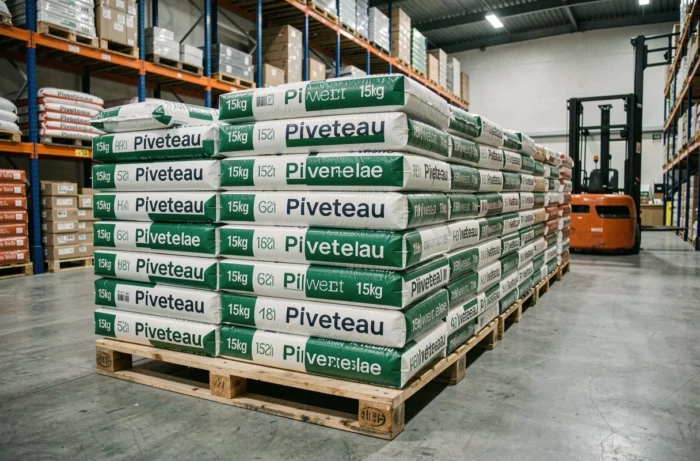 Palette de sacs de pellets Piveteau 15kg stockés dans un entrepôt de distribution