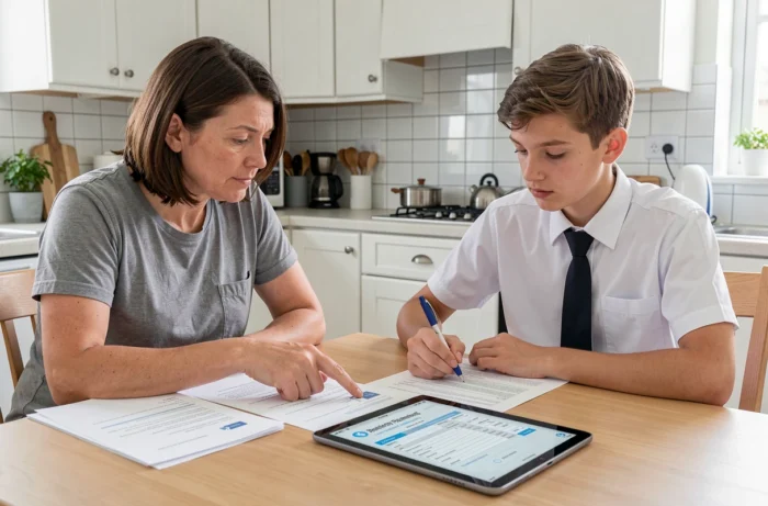 Parent et adolescent en terminale examinant ensemble les documents de paiement et les tarifs d'inscription au CNED