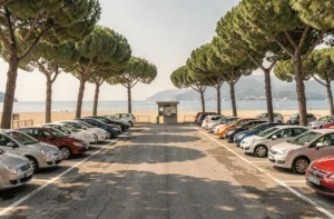 Parking en plein air bien organisé près de la plage de Pise avec des rangées de voitures sous des pins méditerranéens