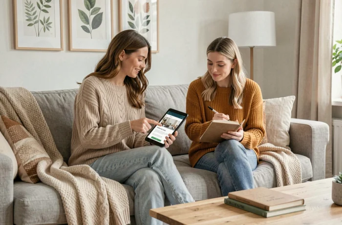 Deux femmes assises sur un canapé consultant un blog de décoration sur une tablette et prenant des notes pour envoyer leurs idées
