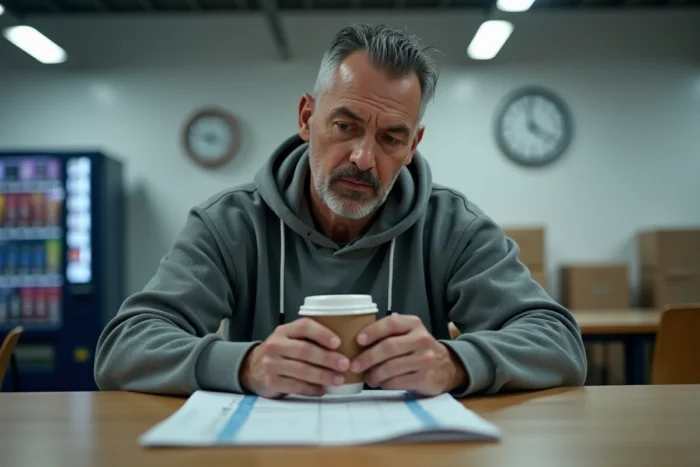 Préparateur de commandes Amazon en pause de nuit consultant ses horaires de travail dans la salle de pause d'un entrepôt