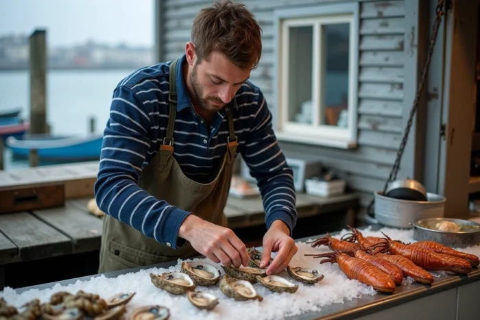 Pêcheur breton arrangeant des huîtres et des langoustines fraîches sur un étal de port en Finistère