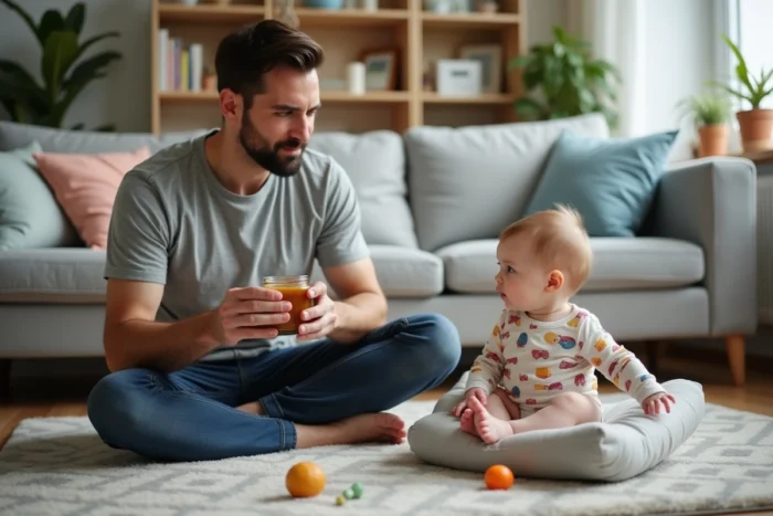 Père patient proposant de la purée de fruits à son bébé de 7 mois distrait sur un tapis de jeu