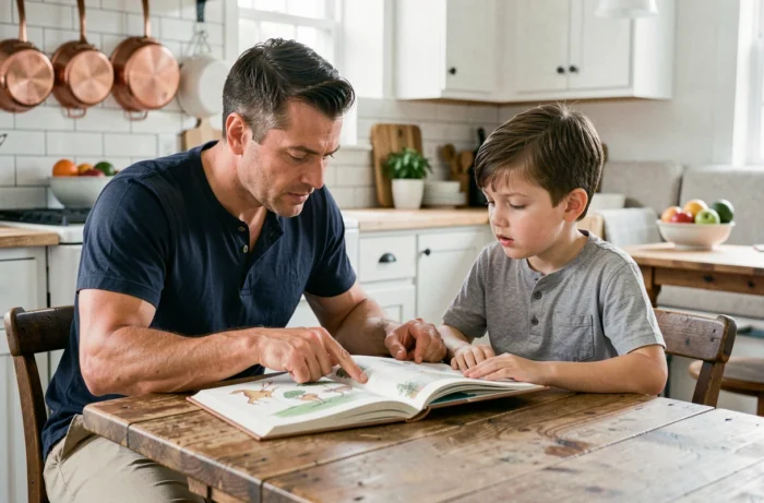 Père aidant son fils à lire un livre illustré à la table de cuisine, scène de soutien parental à l'éducation des enfants