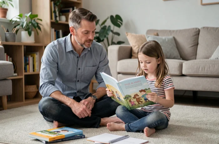 Père accompagnant sa fille dans la lecture à la maison, soutien scolaire parental au quotidien