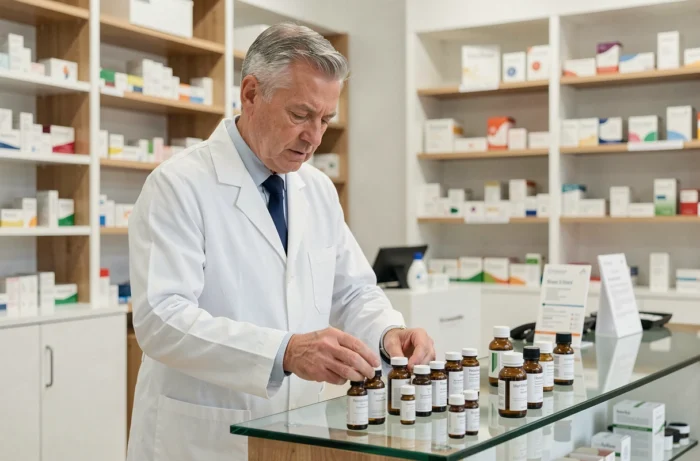 Pharmacien présentant des remèdes isothérapiques et homéopathiques pour accompagner la vaccination contre le Covid