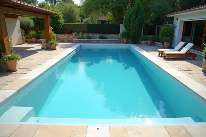 Piscine rénovée avec nouveau liner bleu et margelles blanches dans un patio moderne