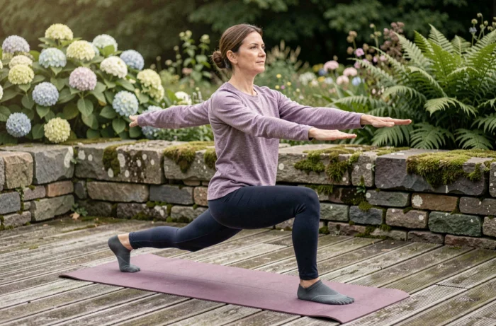 Femme pratiquant une posture de guerrière en yoga sur une terrasse en bois avec des chaussures de yoga à orteils séparés dans un jardin verdoyant