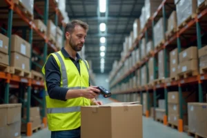 Préparateur de commandes Amazon portant un gilet jaune fluo, scannant un colis dans un entrepôt logistique la nuit