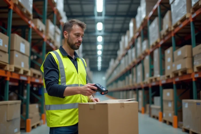 Préparateur de commandes Amazon portant un gilet jaune fluo, scannant un colis dans un entrepôt logistique la nuit
