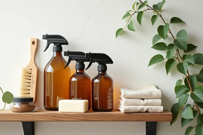 Collection de produits d'entretien naturels et écologiques disposés sur une étagère en bois avec accessoires ménagers durables