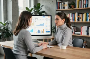 Une professionnelle du marketing digital analyse des données SEO et des graphiques de trafic organique sur un écran d'ordinateur dans un bureau moderne