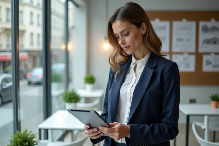 Professionnelle de l'immobilier consultant une application de gestion de biens dans une agence moderne à Paris