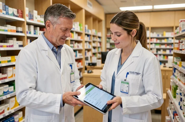 Pharmacien et médecin discutant des retours professionnels sur le complément Hepaliv en officine
