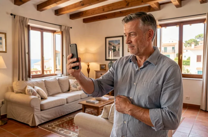 Propriétaire photographiant son appartement de vacances pour le mettre en location sur Abritel