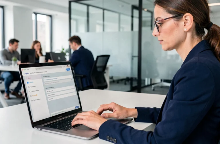 Professionnelle en entreprise consultant les paramètres de confidentialité des données personnelles sur une plateforme numérique en 2026