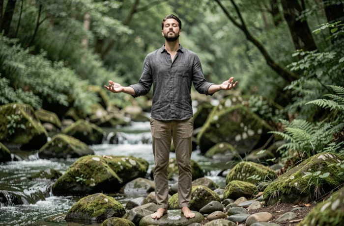 Homme pratiquant un rituel de purification énergétique pieds nus au bord d'un ruisseau en forêt